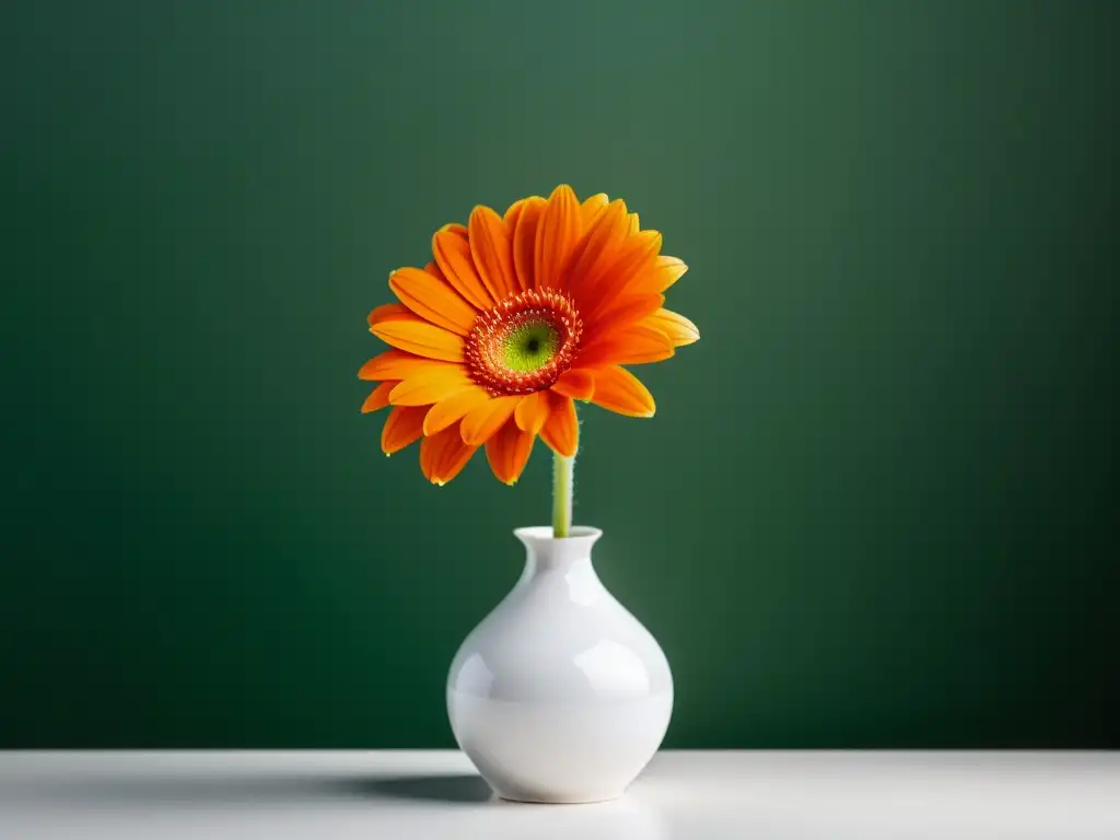 Una hermosa gerbera naranja en un elegante jarrón blanco