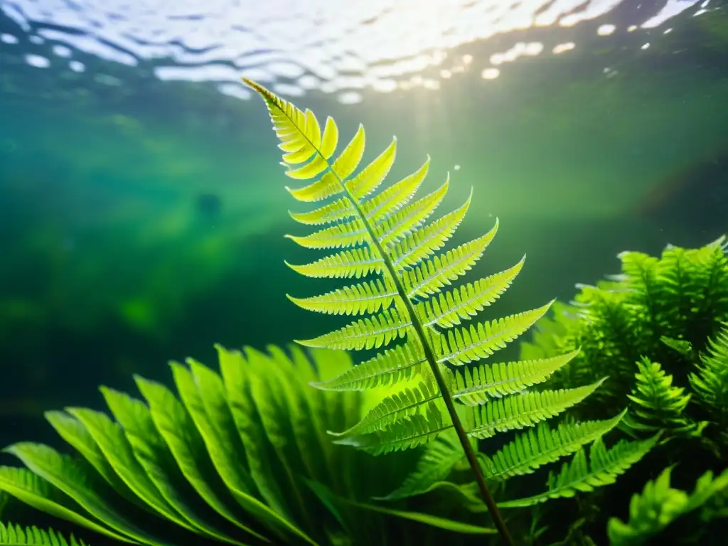 Una hermosa escena acuática con helechos de agua dulce para acuario, donde la luz y las sombras realzan su belleza