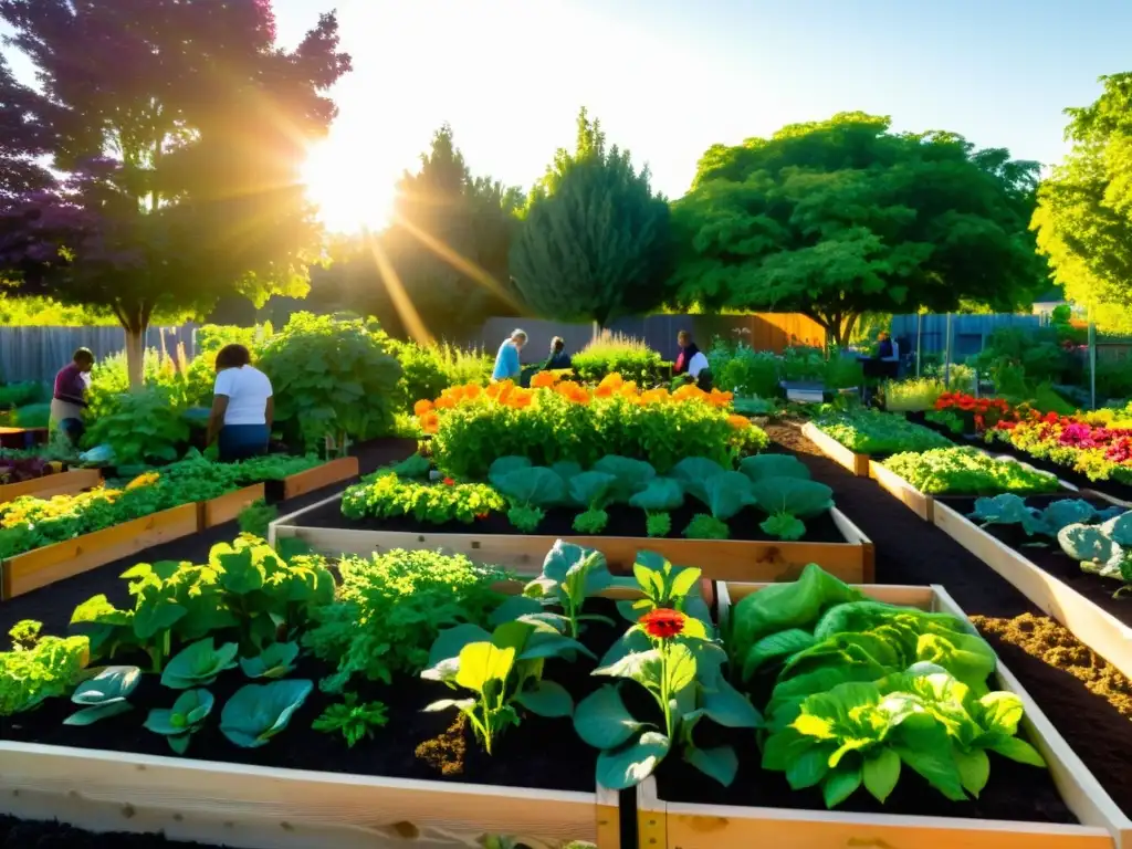 Una hermosa escena de jardín comunitario con personas diversas compartiendo alimentos y cultivando en armonía al atardecer