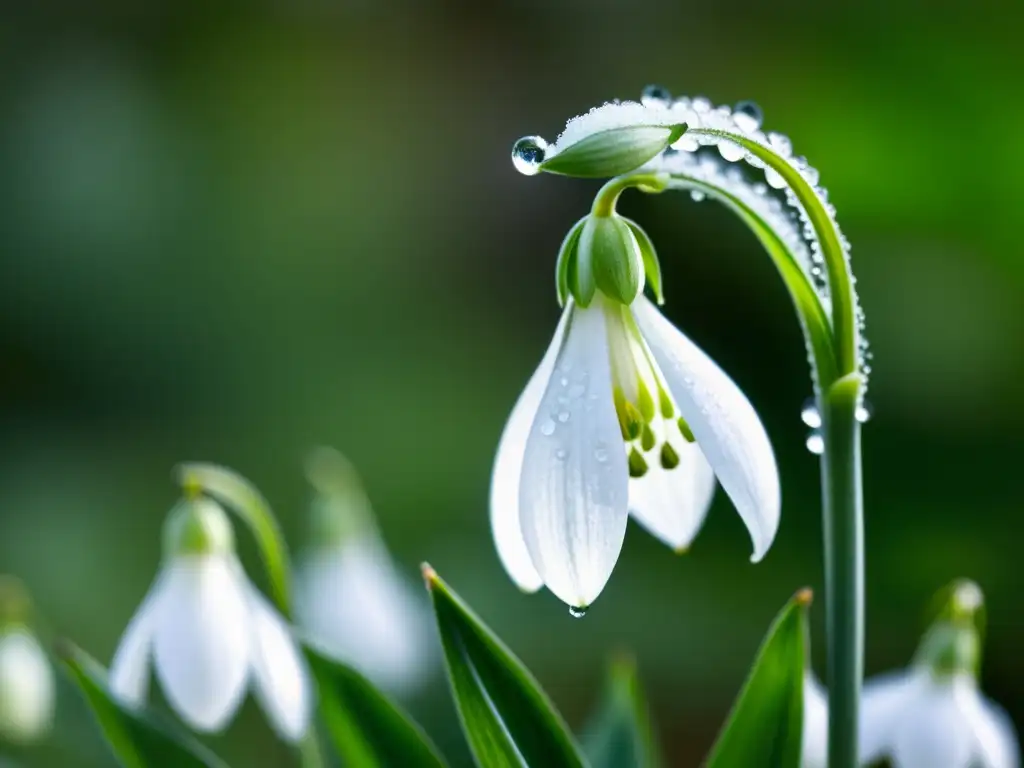 Una hermosa flor de nieve cubierta de rocío, iluminada por la suave luz de la mañana