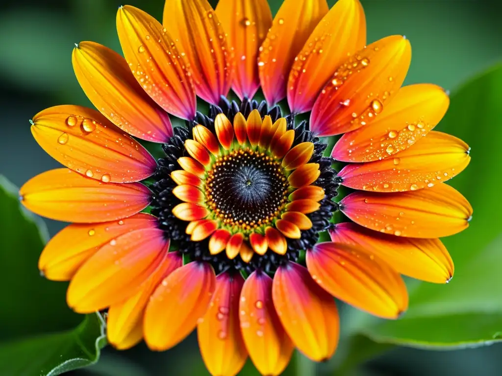 Una hermosa gerbera naranja con gotas de agua, resaltando sus detalles, en un suave fondo verde