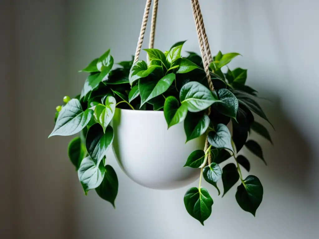 Hermosa hiedra verde en maceta blanca colgante con cuidado de plantas colgantes interiores