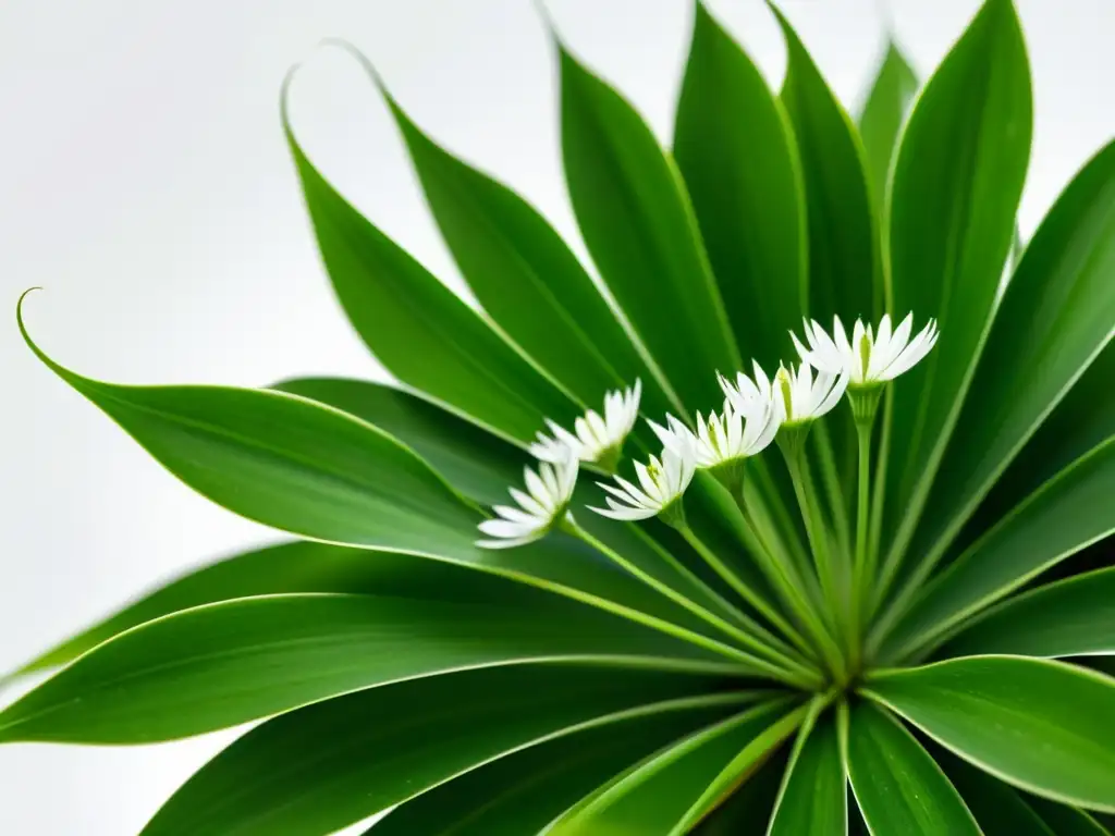 'Una hermosa imagen en primer plano de una planta araña (Chlorophytum comosum) con hojas verdes vibrantes y flores blancas