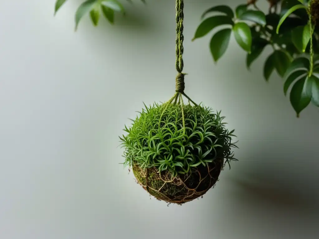 Una hermosa Kokedama colgante con técnicas japonesas, enredada en un hilo minimalista, resaltando su belleza natural