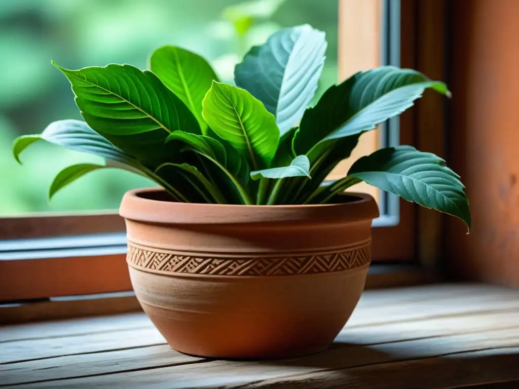 Una hermosa maceta de terracota heredada, llena de exuberantes plantas de interior, bañada por la suave luz natural