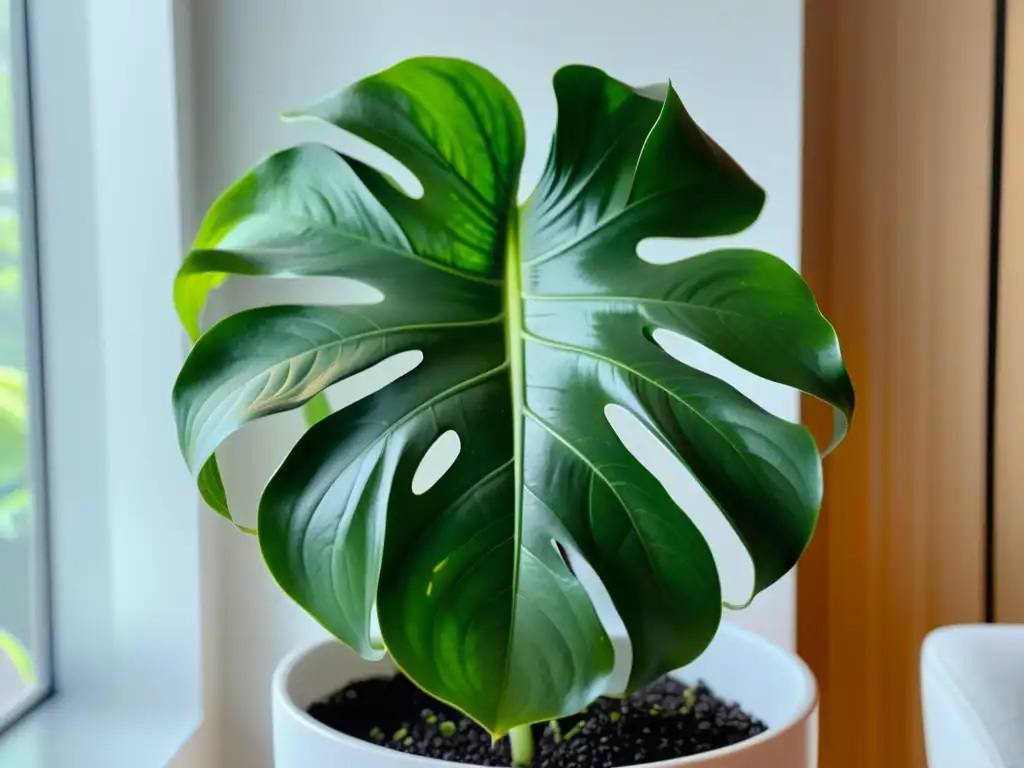 Una hermosa Monstera Deliciosa en maceta blanca en un espacio interior iluminado por el sol