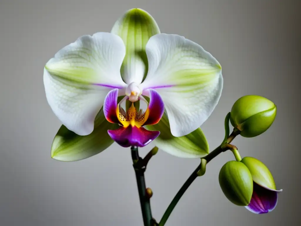 Una hermosa orquídea en floración, con detalles vibrantes y colores vivos en un fondo blanco limpio