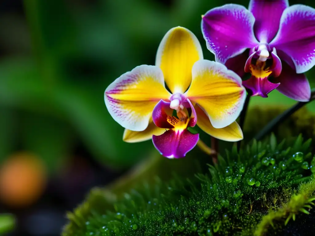 Una hermosa orquídea exótica en miniatura cuidado, rodeada de musgo verde exuberante, con delicadas gotas de agua sobre sus pétalos