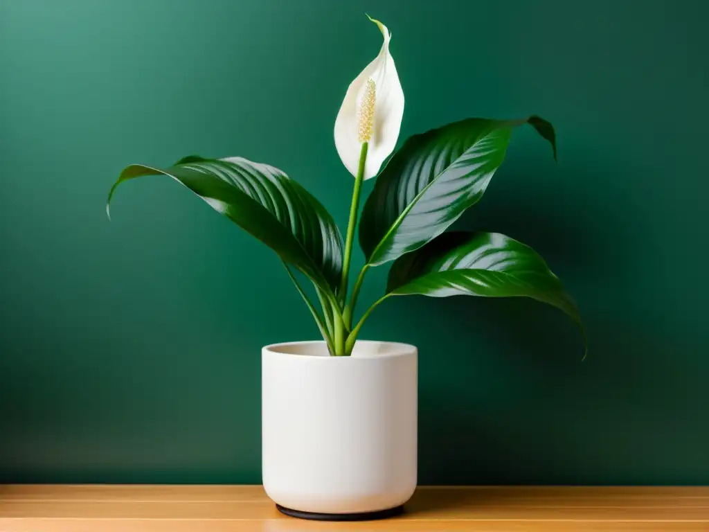 Una hermosa paz lily florece en un moderno macetero sobre una estantería de madera, creando un ambiente sereno con poca luz