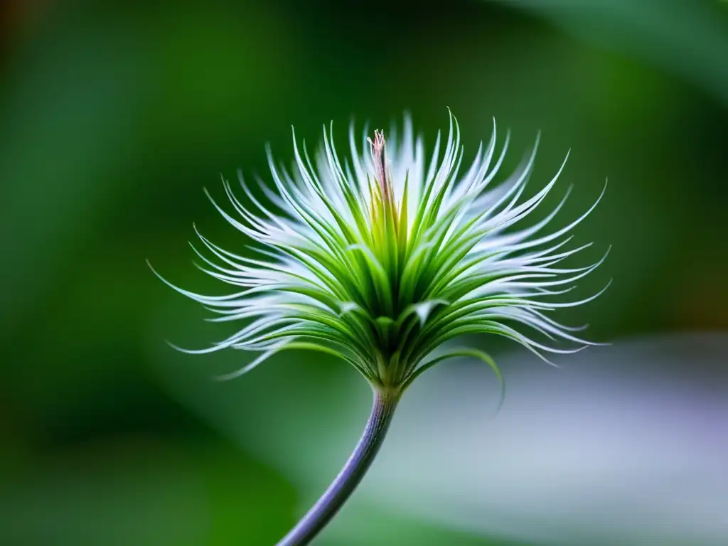 Una hermosa planta aérea de Tillandsia suspendida en el aire, con delicadas hojas plateadas y flores detalladas