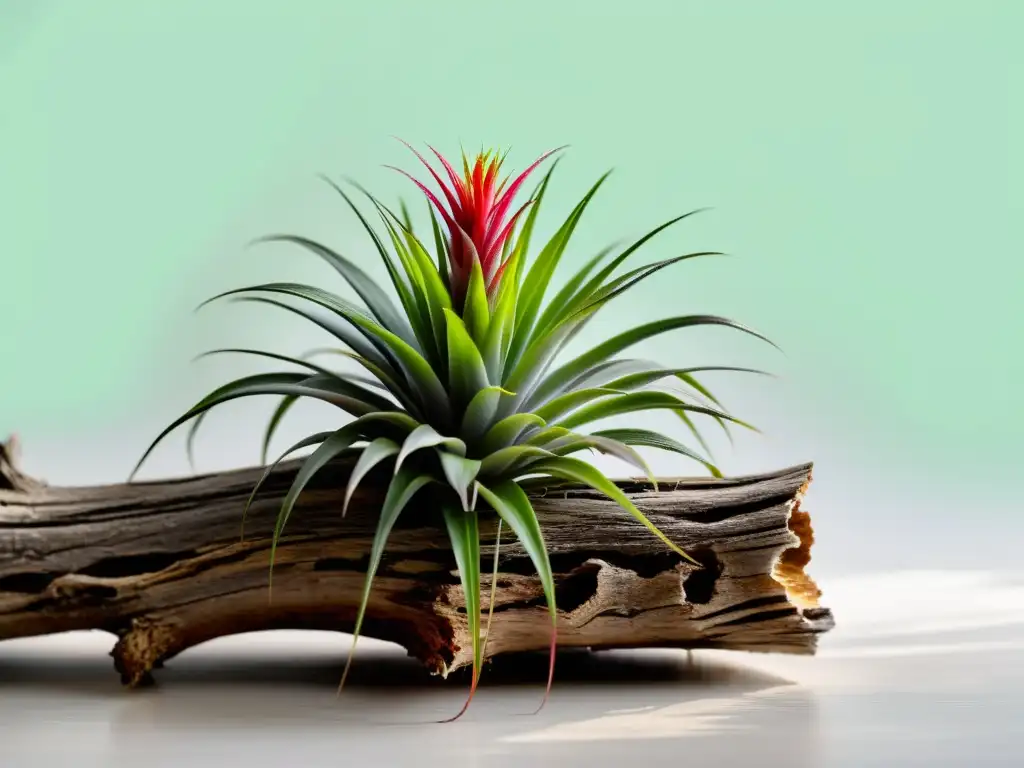 Una hermosa planta de aire (Tillandsia) reposa en un trozo de madera a la deriva, destacando sus hojas plateadas