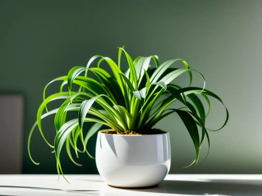 Una hermosa planta de interior que limpia el aire en maceta blanca sobre mesa moderna, iluminada por luz natural