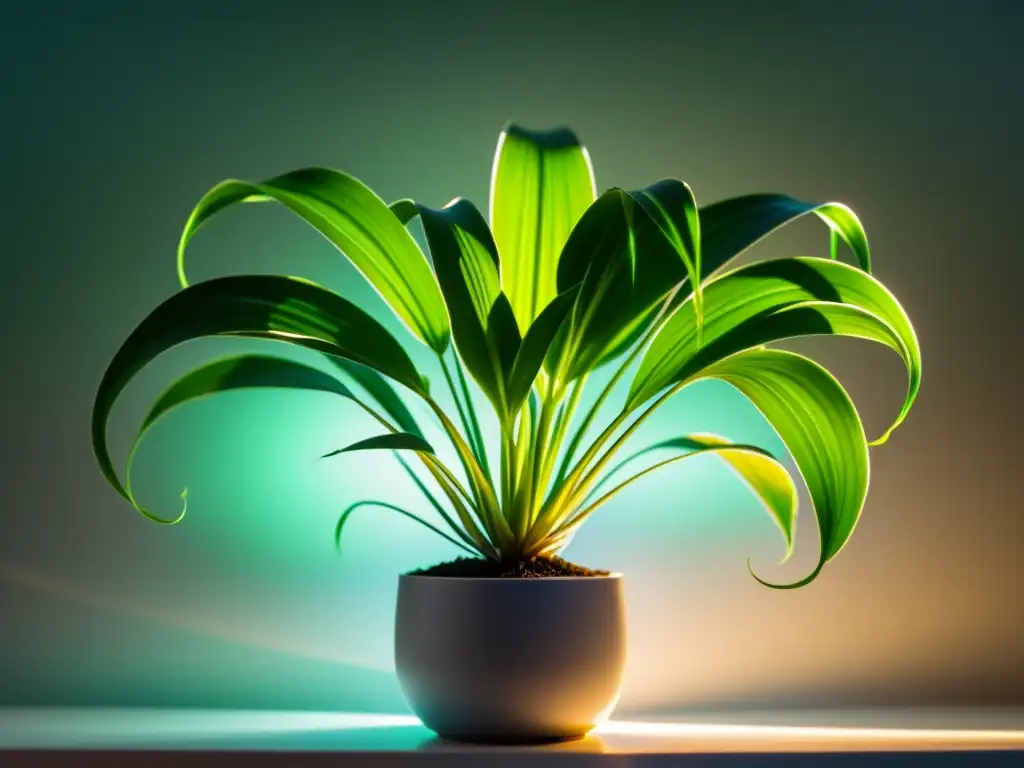 Una hermosa planta de interior, la clorofita, resplandece bajo la luz fluorescente