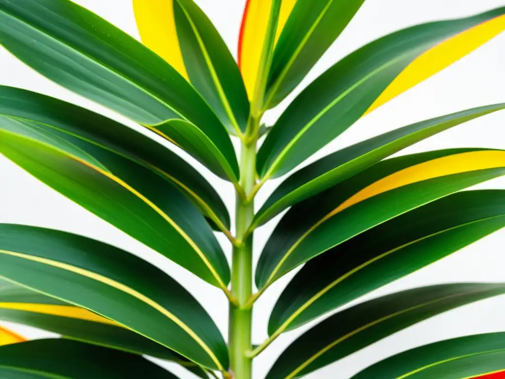 Una hermosa planta Dracaena de interior, con hojas verdes vibrantes y toques de amarillo y rojo, en un fondo blanco