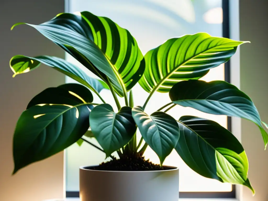 Una hermosa planta de interior sostenible en un elegante macetero, iluminada por el sol