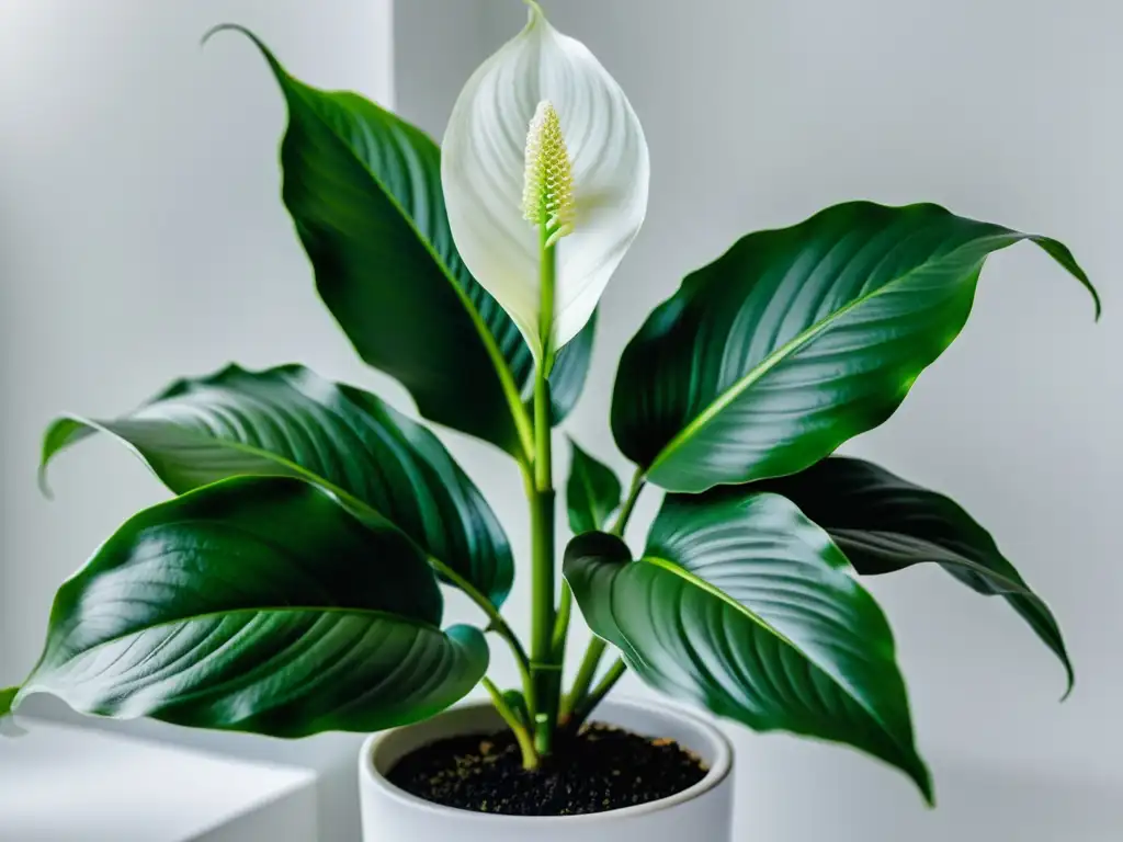 Una hermosa planta de lirio de la paz en un elegante macetero blanco