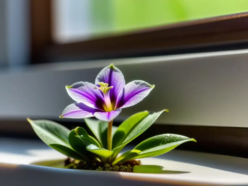 Una hermosa fotografía de una planta de Pinguicula próspera y vibrante, iluminada por el sol en un alféizar blanco minimalista