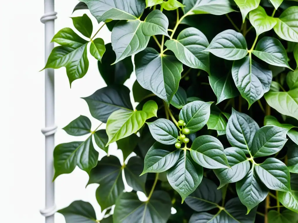 Una hermosa planta trepadora de hiedra verde exuberante en un enrejado blanco, perfecta para decoración interior