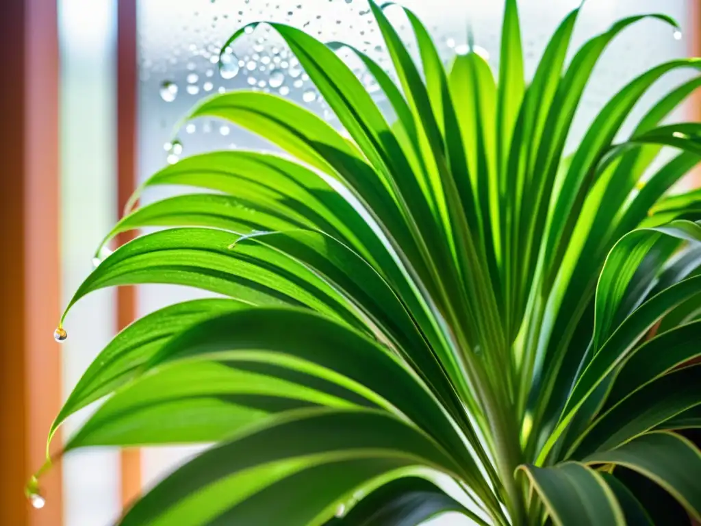 Una hermosa planta araña verde con gotas de agua, iluminada por el sol cerca de una ventana