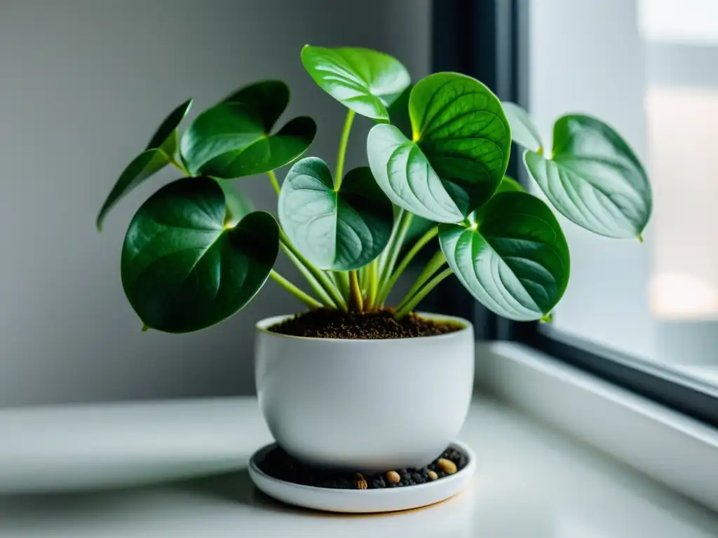 Una hermosa reproducción de planta de dinero cuidados, con hojas redondas y brillantes, rodeada de macetas blancas en una mesa minimalista blanca