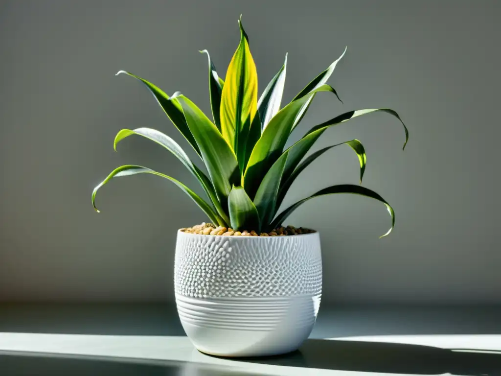 Una hermosa Sansevieria Trifasciata en un elegante entorno minimalista, perfecta para cuidados Sansevieria Trifasciata plantas interior