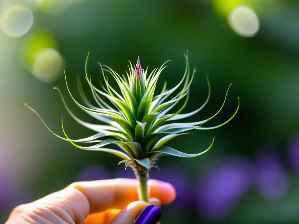 Una hermosa Tillandsia en primer plano, con hojas plateadas brillantes al sol