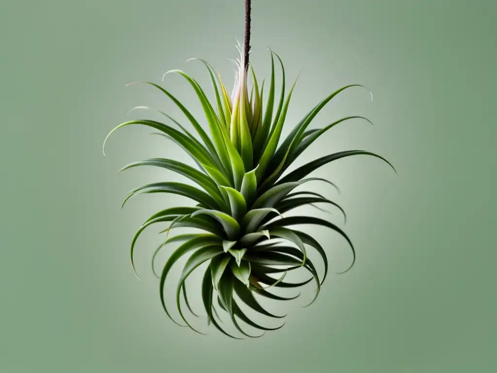 Una hermosa Tillandsia suspendida en el aire, con sus hojas plateadas en primer plano