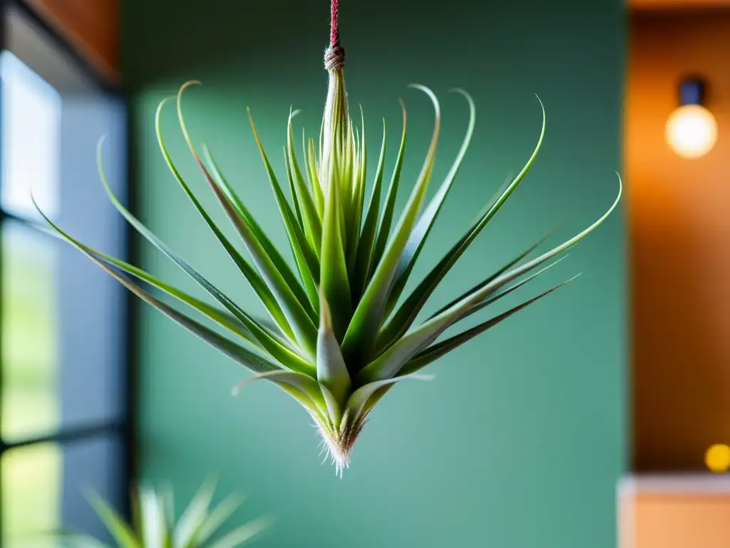 Una hermosa Tillandsia suspendida en un moderno interior minimalista, destacando su belleza orgánica