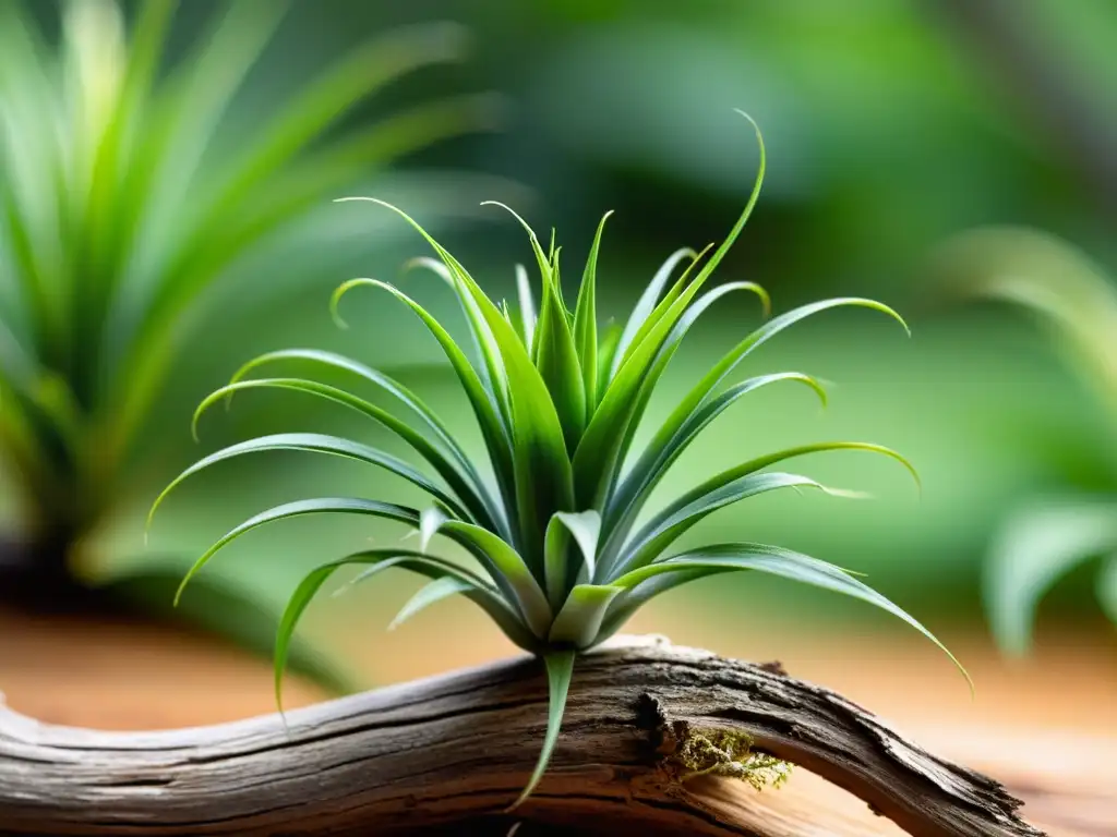 Una hermosa Tillandsia verde destaca sobre un trozo de madera a contraluz, resaltando la importancia de la humedad en Tillandsias