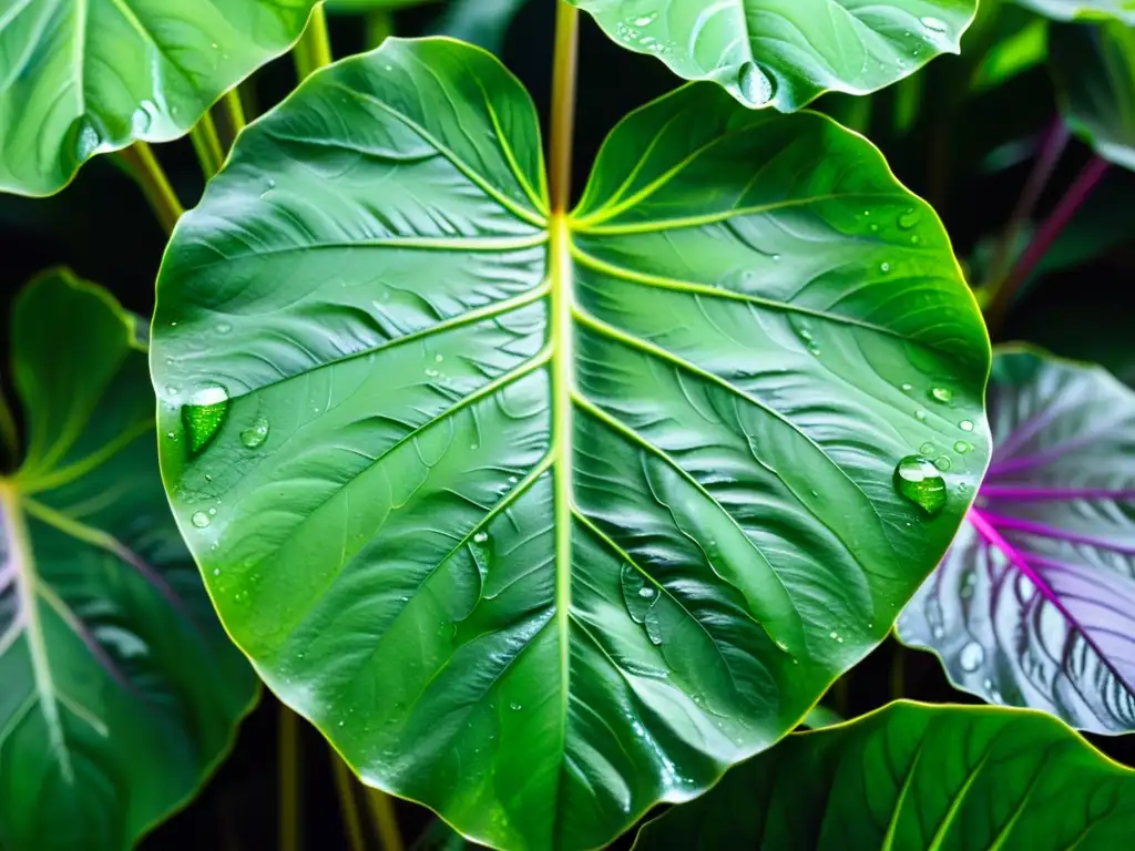 Hermosas hojas brillantes de Alocasia con gotas de agua en un ambiente interior sereno