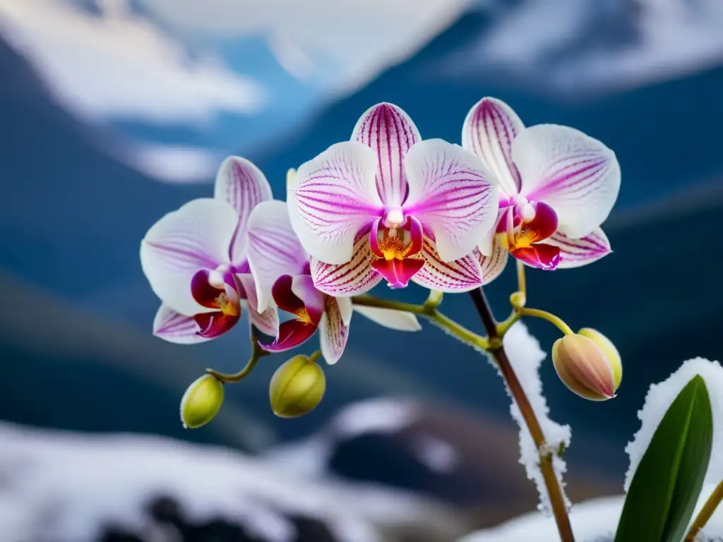 Hermosas orquídeas polares blancas y rosadas en plena floración, contrastando con el helado paisaje montañoso