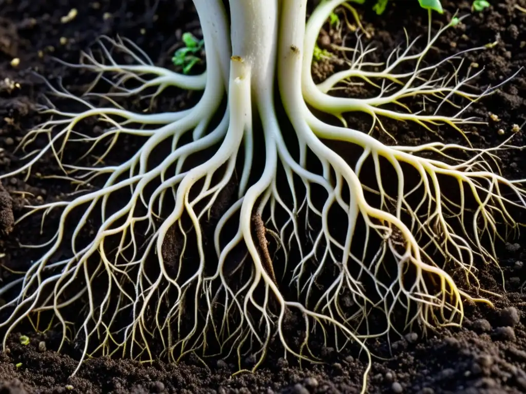 Hermosas raíces de plantas entrelazadas en rica tierra oscura, con hongos y vida microbiana