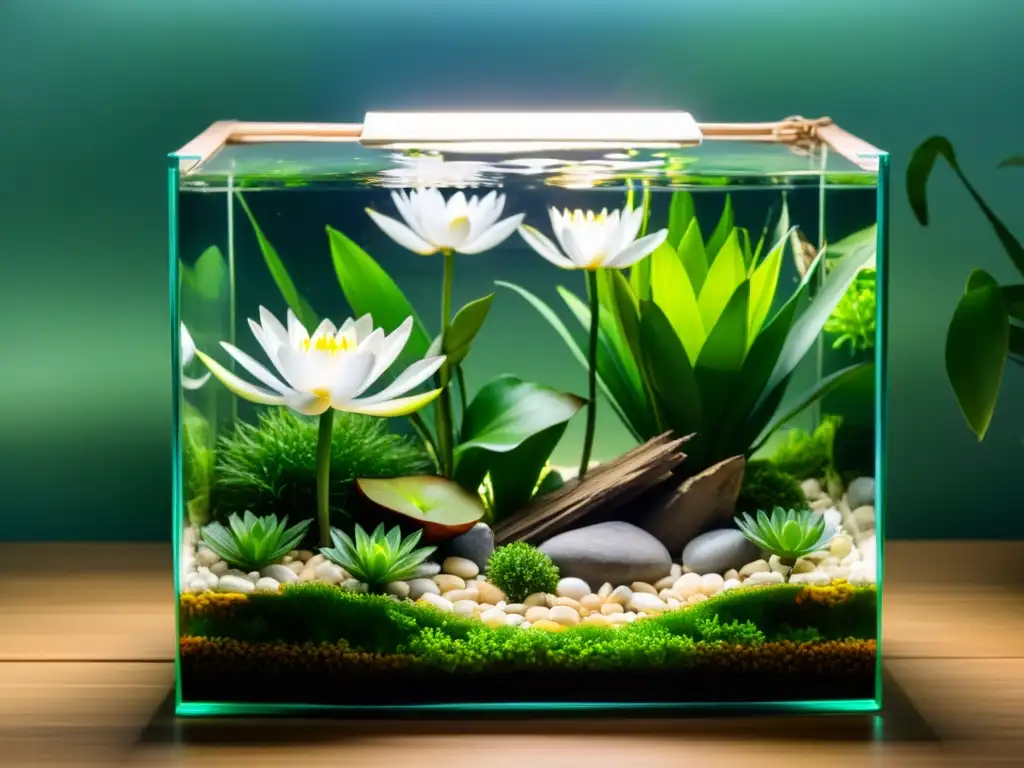 Jardín acuático interior sereno con plantas exuberantes Un hermoso minijardín acuático para interiores con plantas acuáticas exuberantes, rocas y madera a la vista