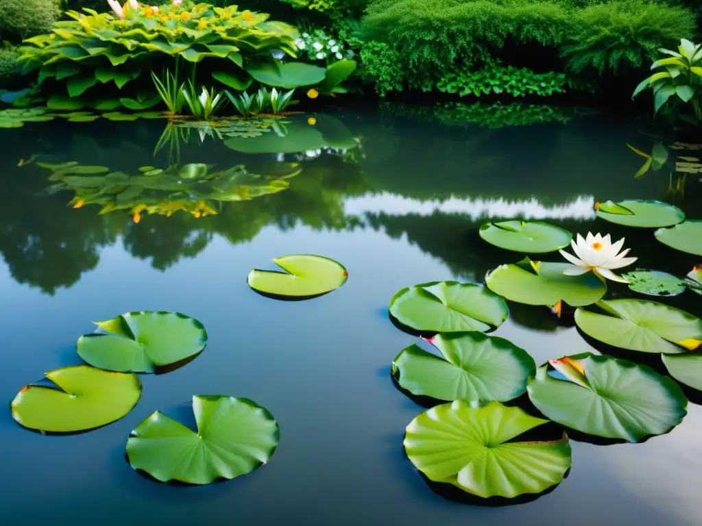 Un hermoso jardín acuático con plantas purificadoras de agua, reflejando serenidad y belleza orgánica