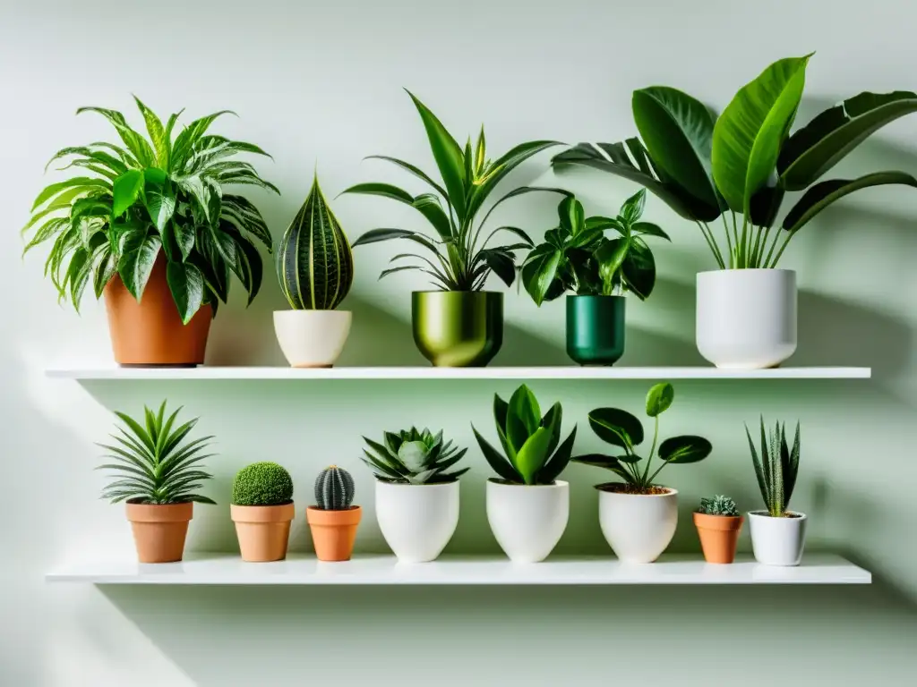 Un hermoso arreglo de plantas de interior en estantes minimalistas blancos