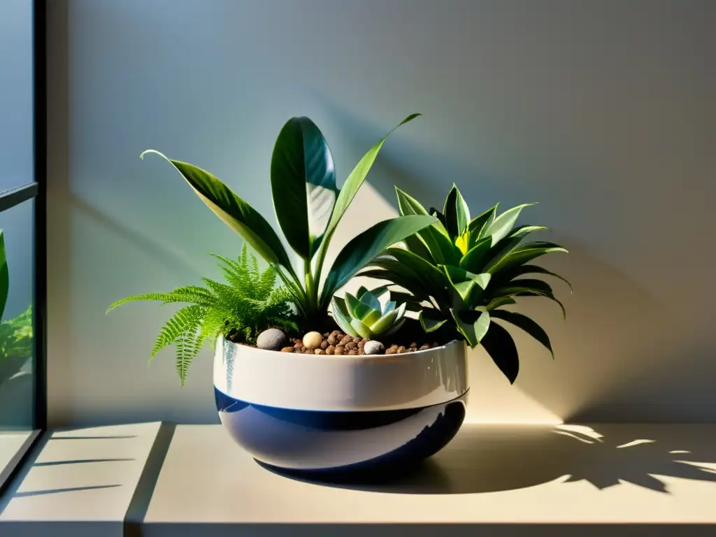 Un hermoso arreglo de plantas en una maceta, mostrando la armonía en la convivencia de diferentes especies