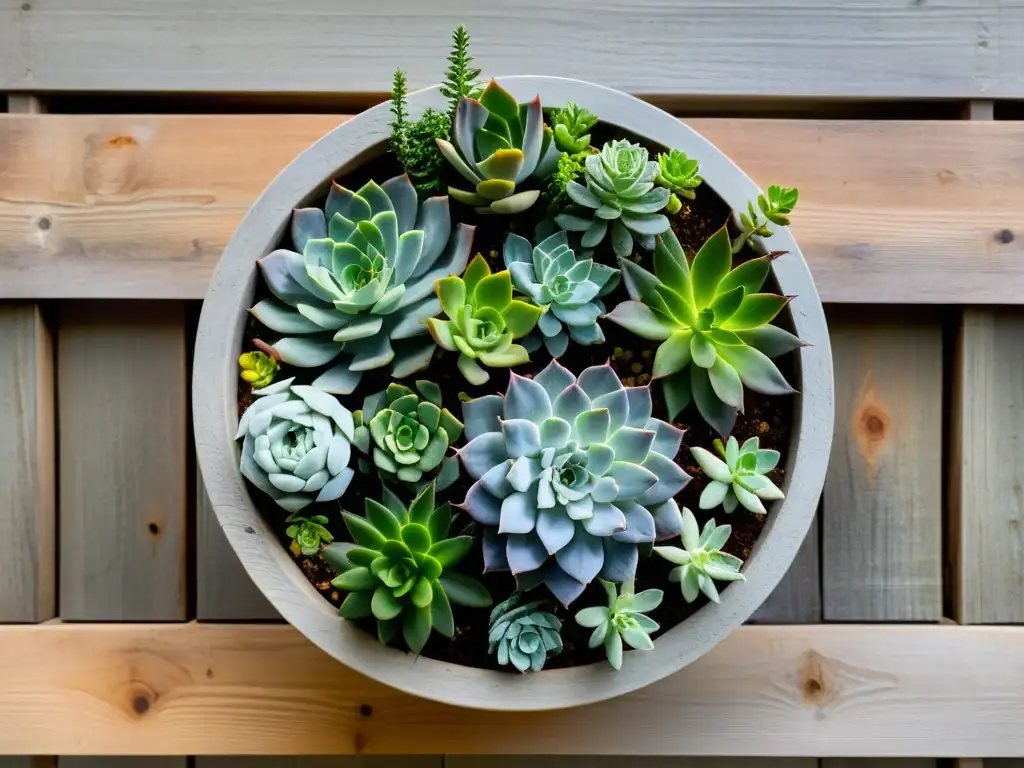 Un hermoso arreglo de plantas variadas en maceta, mostrando una combinación armoniosa de texturas y colores