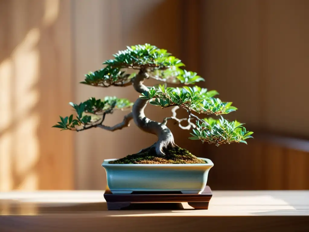 Un hermoso bonsái en un soporte de madera, iluminado suavemente