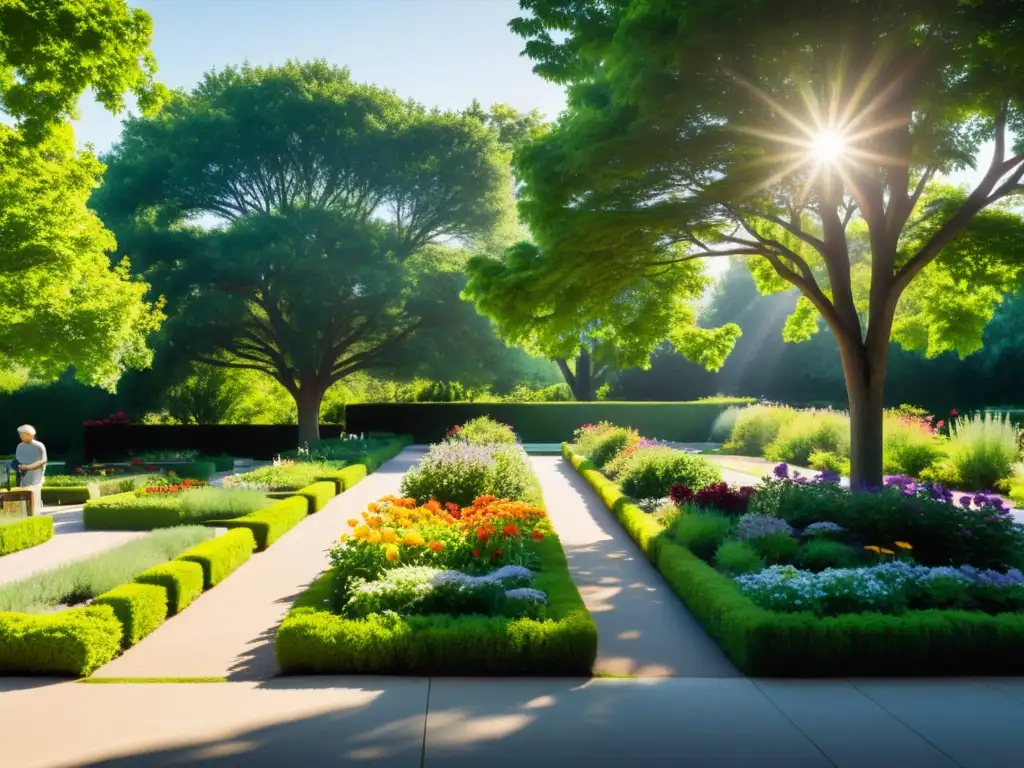 Un hermoso jardín comunitario con camas de flores vibrantes y cuidadas, césped perfecto y personas atendiendo las plantas