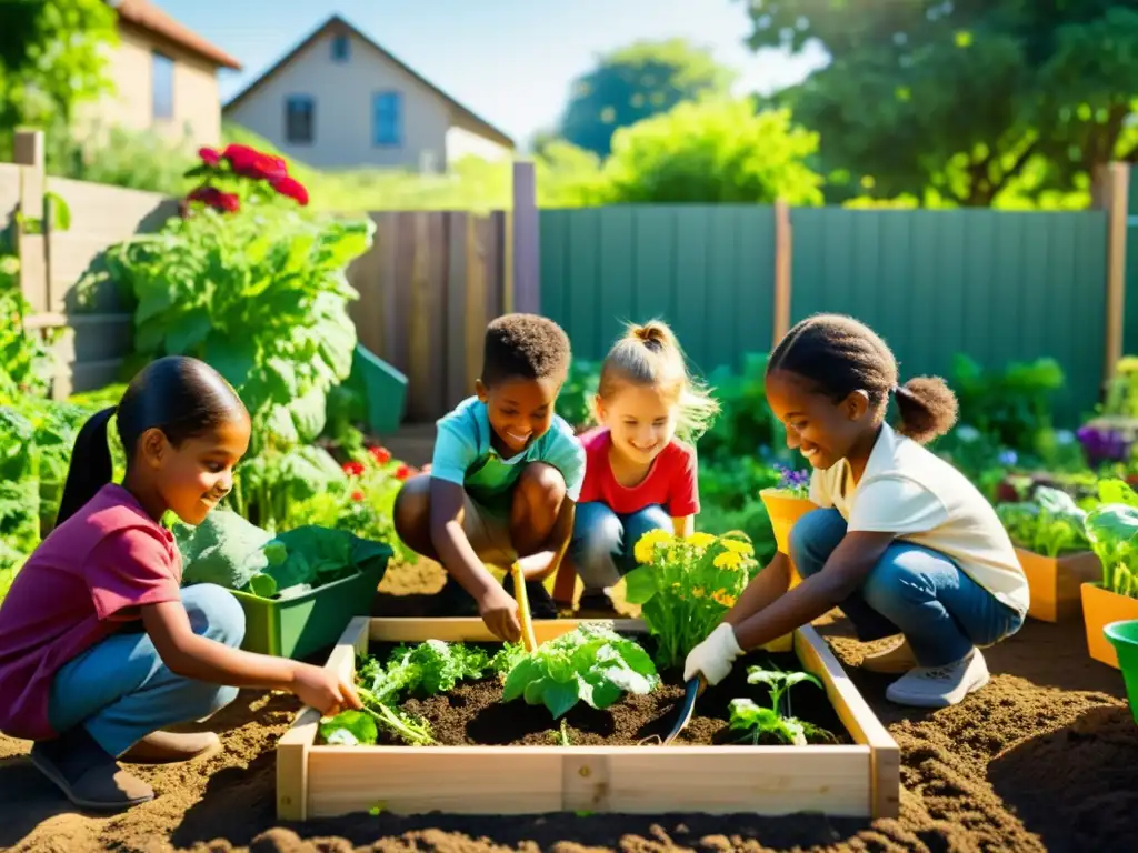 Un hermoso jardín comunitario para niños, donde cuidan de sus propias parcelas