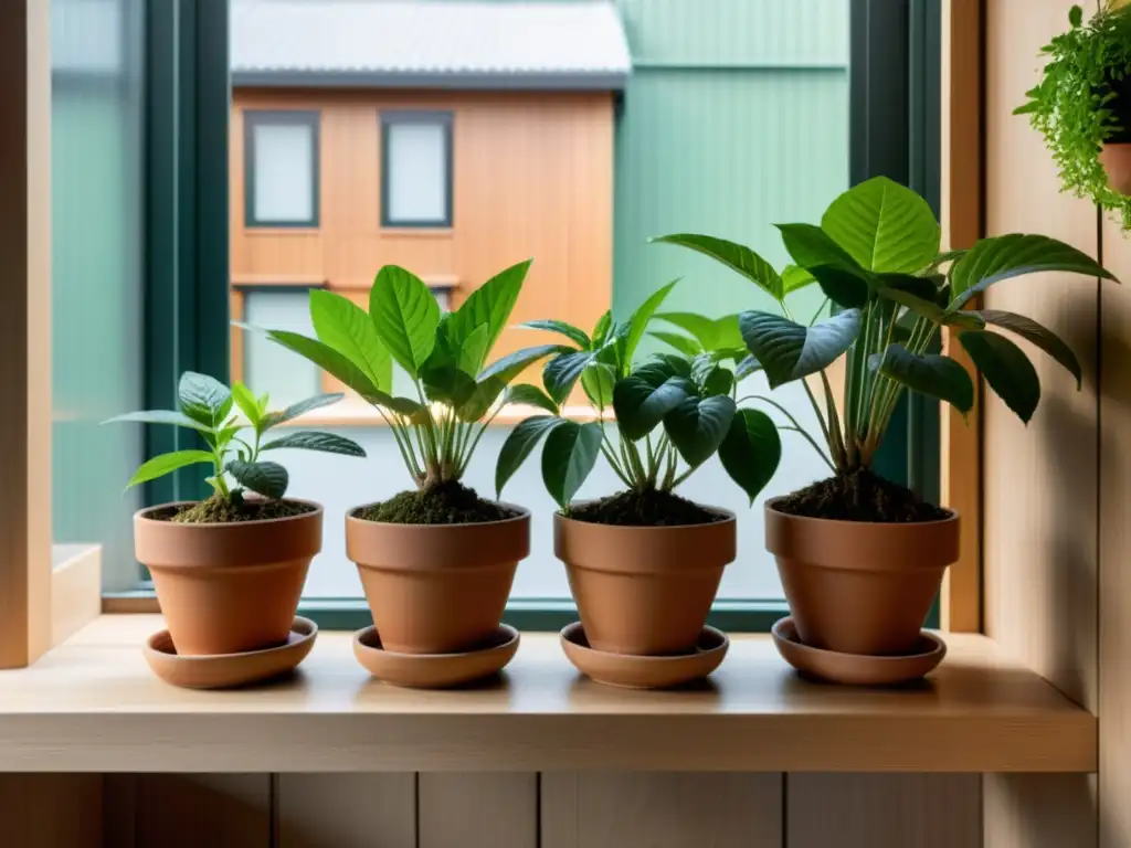 Un hermoso cultivo de ginseng en balcón, con macetas de terracota y plantas bañadas por la cálida luz del sol