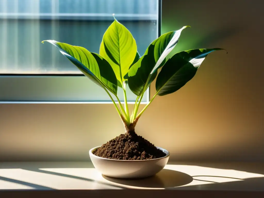 Un hermoso cultivo de jengibre de interior, con hojas verdes vibrantes y raíces asomando desde la tierra, iluminado suavemente por la luz natural