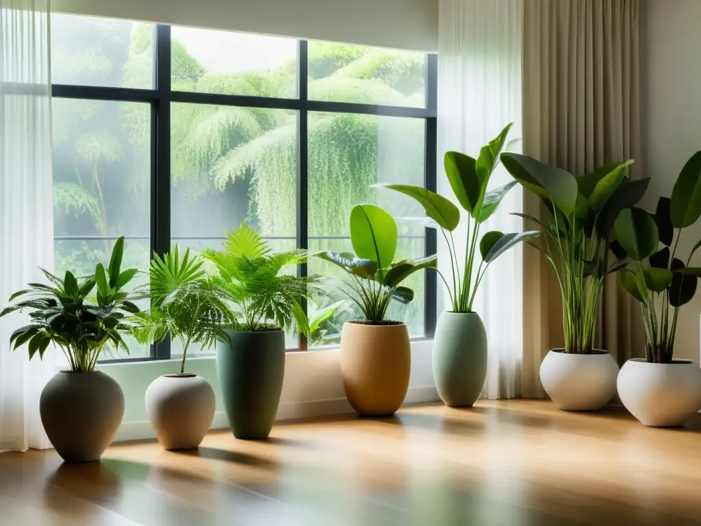 Hermoso espacio interior con plantas de interior de crecimiento lento en modernas macetas, bañadas por luz suave y natural