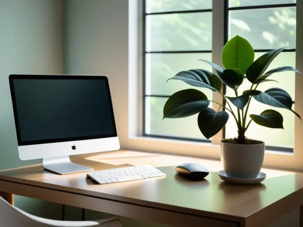 Hermoso espacio de oficina en casa con planta verde, libros y laptop, generando calma y enfoque