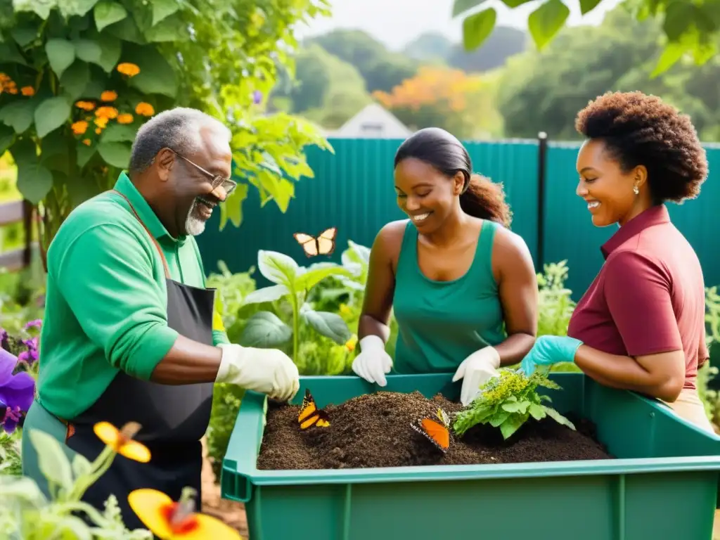 Un hermoso grupo de personas trabajando juntas en un jardín comunitario, rodeadas de exuberante vegetación y flores vibrantes