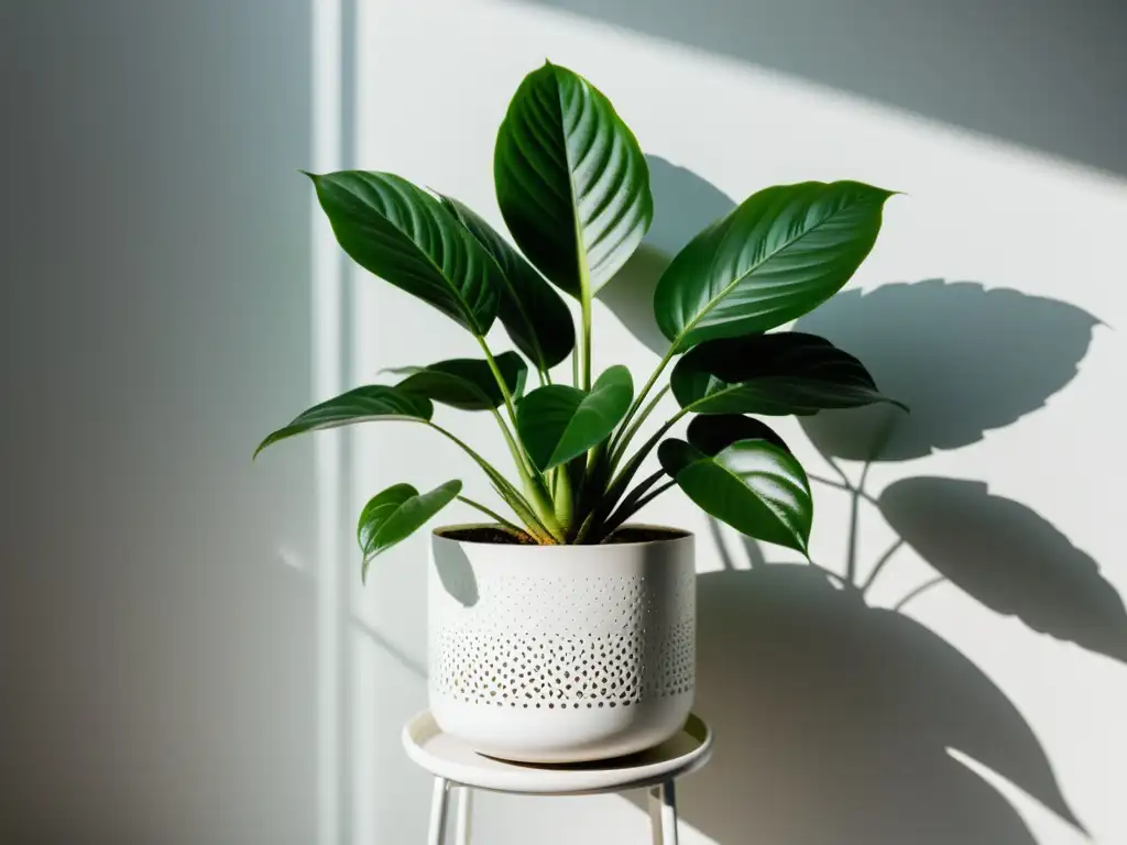 Un hermoso helecho de interior en un soporte blanco, iluminado suavemente