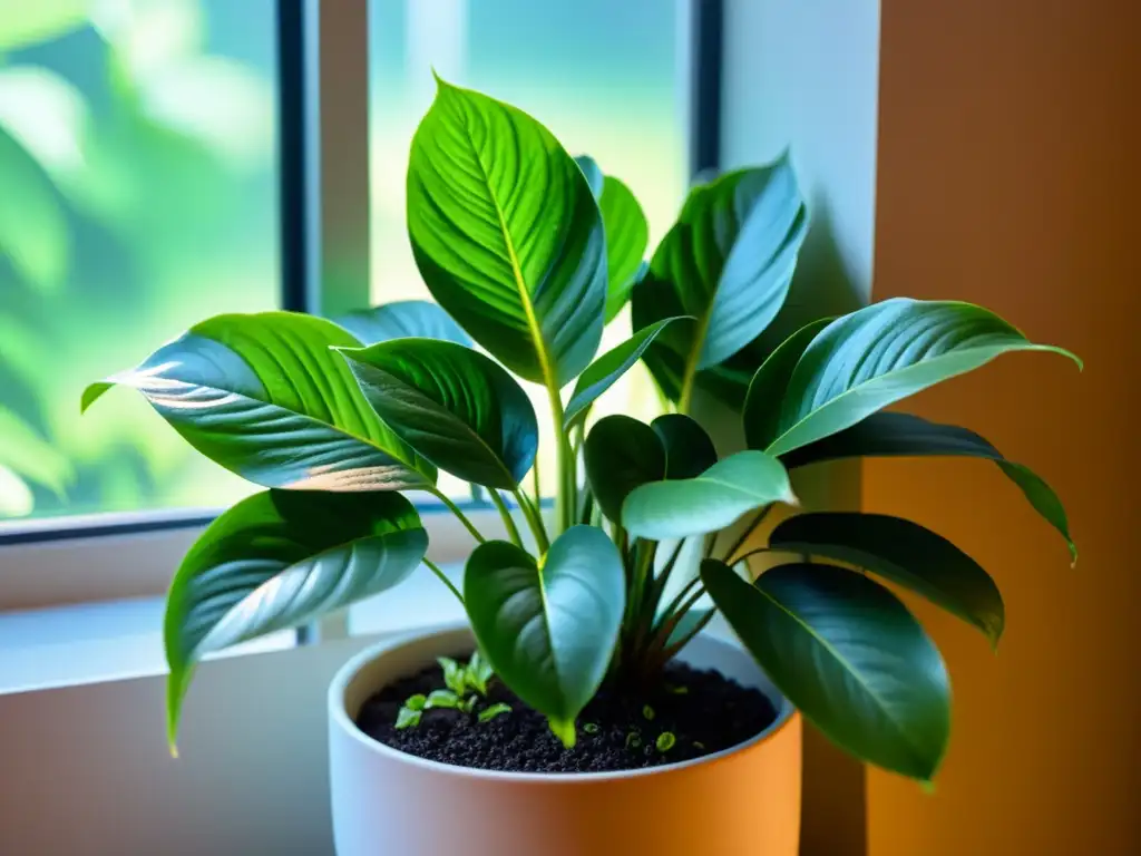 Un hermoso helecho en luz cálida, resplandeciendo y lleno de vida, ideal para recuperar planta afectada por frío