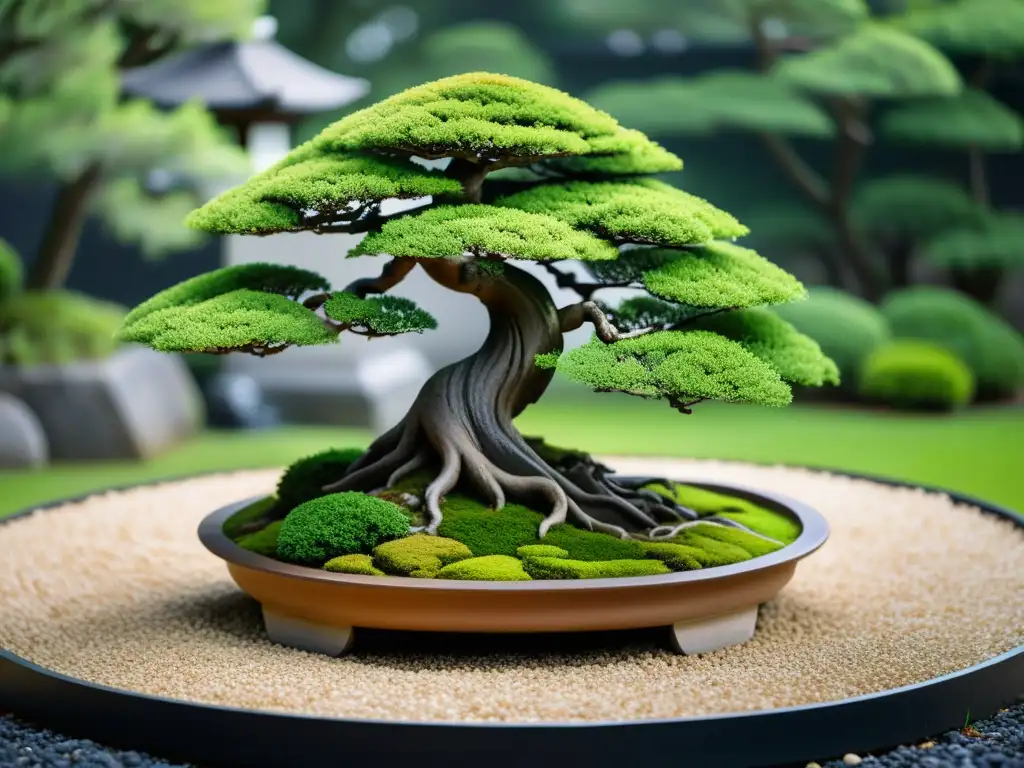 Un hermoso jardín japonés con un bonsái meticulosamente podado como punto central