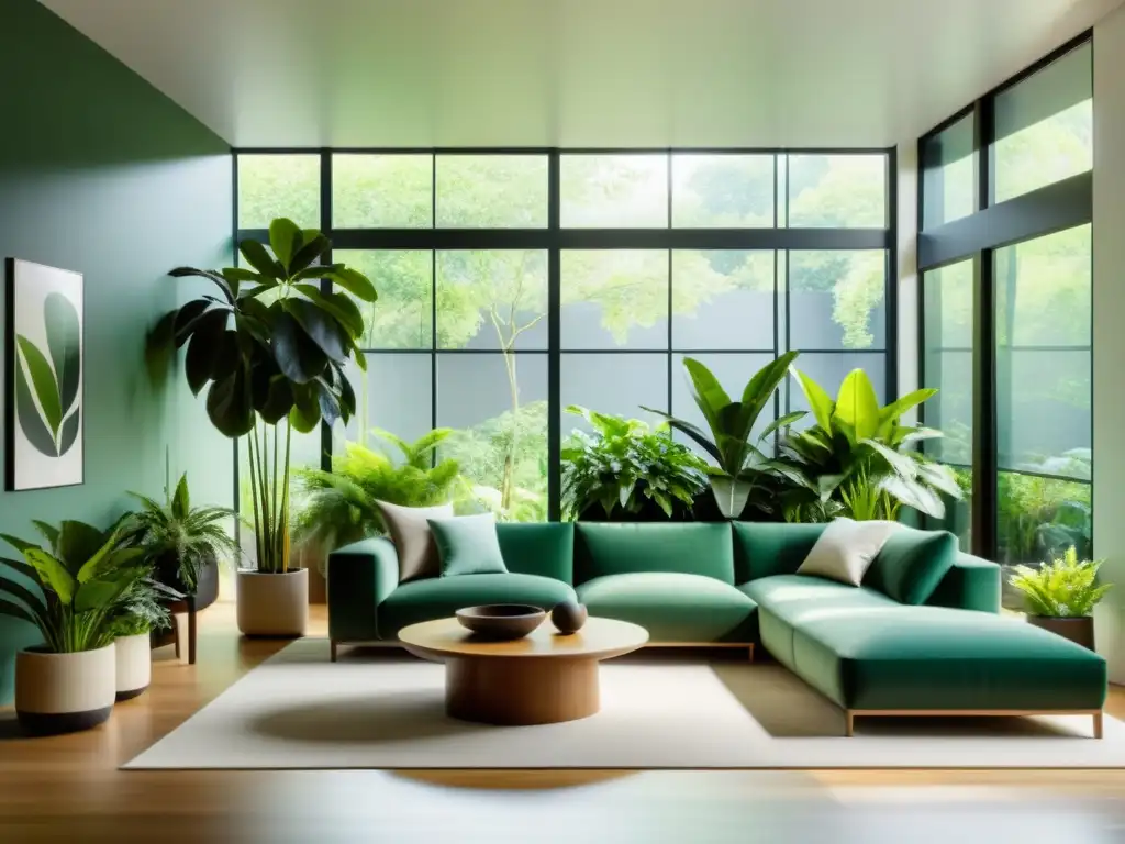 Un hermoso salón minimalista lleno de plantas de interior, que realza los beneficios de las plantas de interior en la decoración moderna