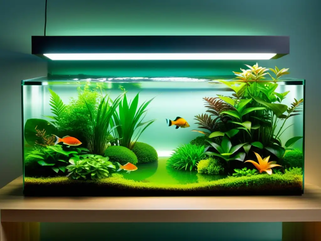 Un hermoso jardín acuático interior, con plantas verdes exuberantes, agua tranquila y peces coloridos